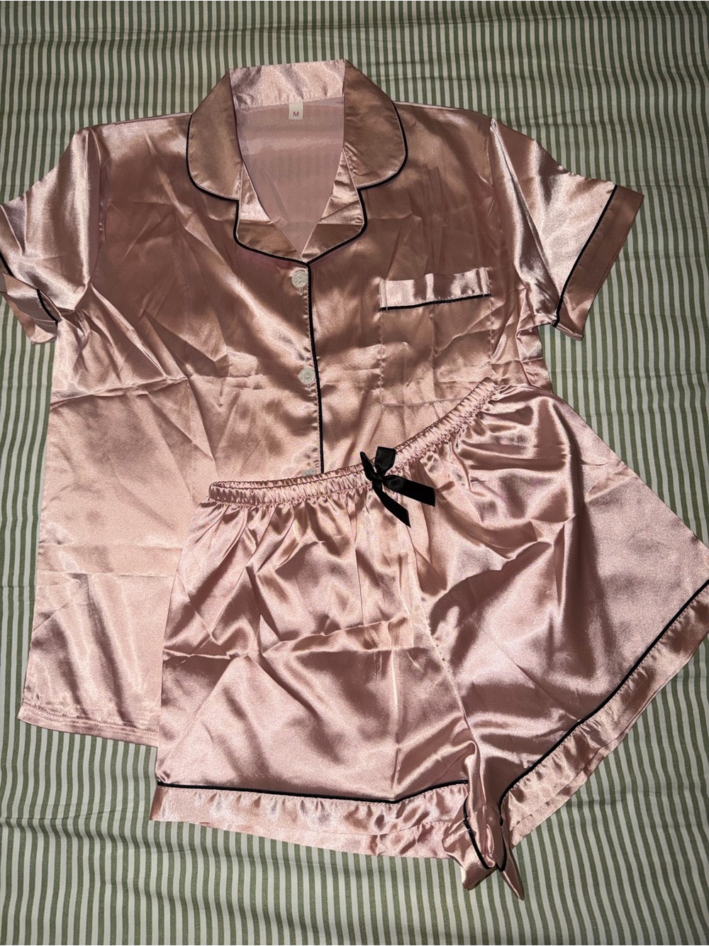 Women’s Satin Short PJ Set - Blush Pink with Black Trim